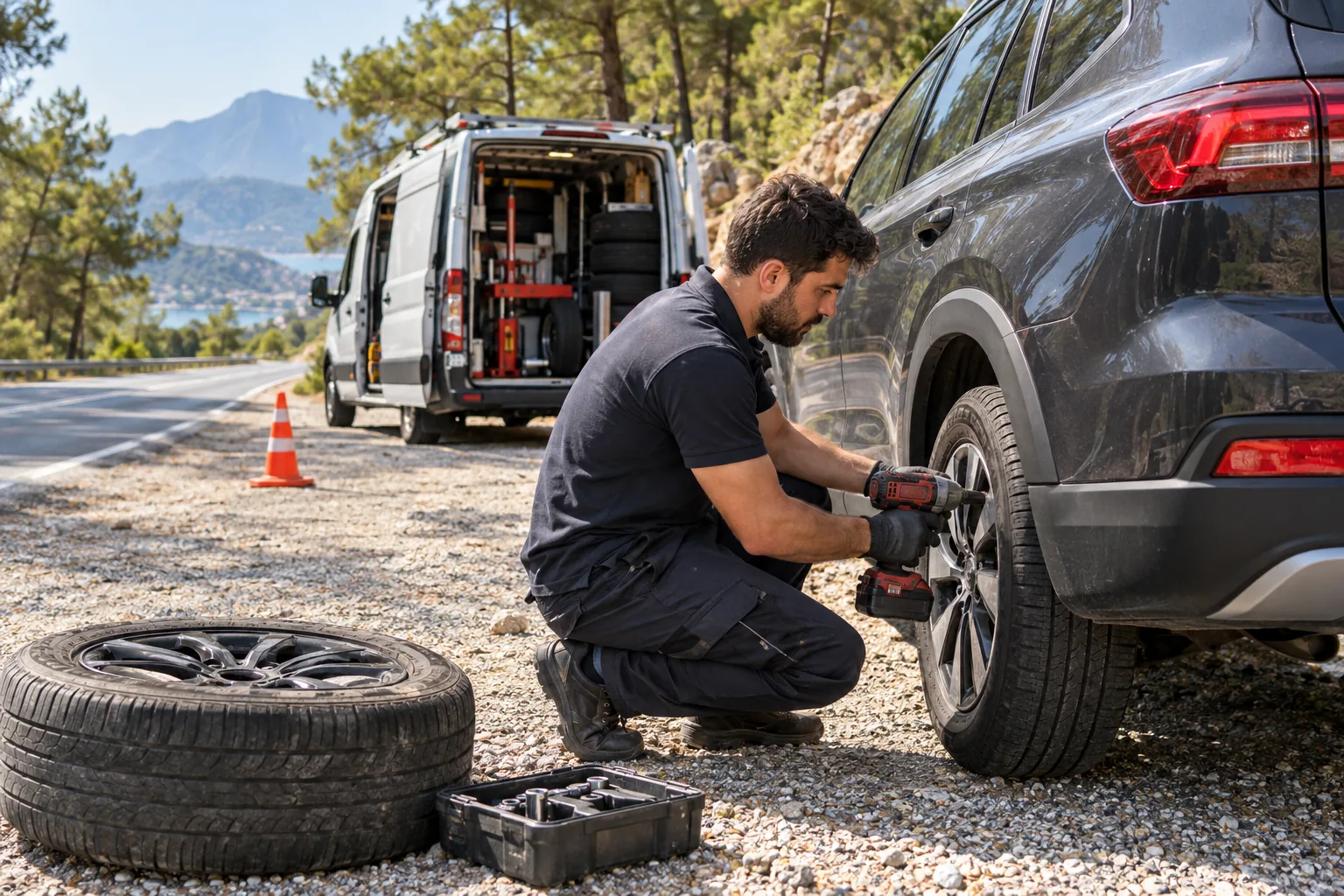 Yol kenarında SUV aracın tekerleğine mobil lastik hizmeti veren teknisyen