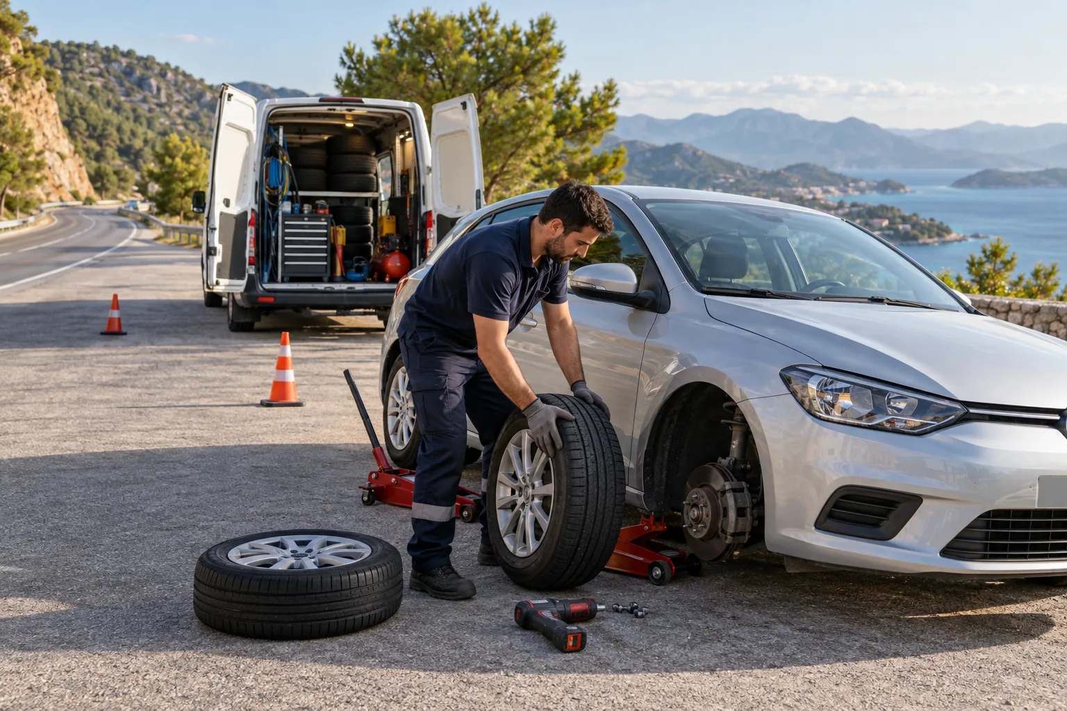 Yol kenarında mobil servis aracıyla otomobilin lastiğini değiştiren teknisyen